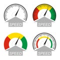 Speedometer icon set. Speed symbol. Gauge and rpm meter logo. Vector illustration. Royalty Free Stock Photo